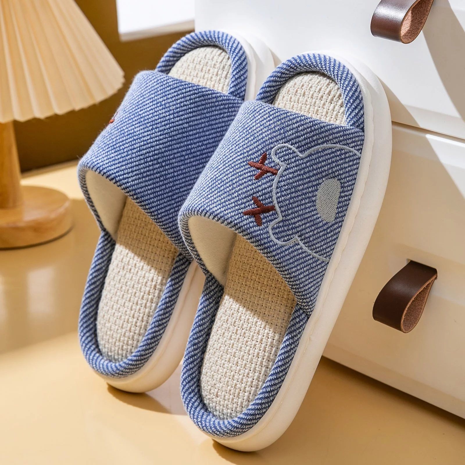 Mens Slippers Wide Width Family Couple Little Deer Linen Slippers Thick Sole Home Parent Child Cotton Linen Slippers