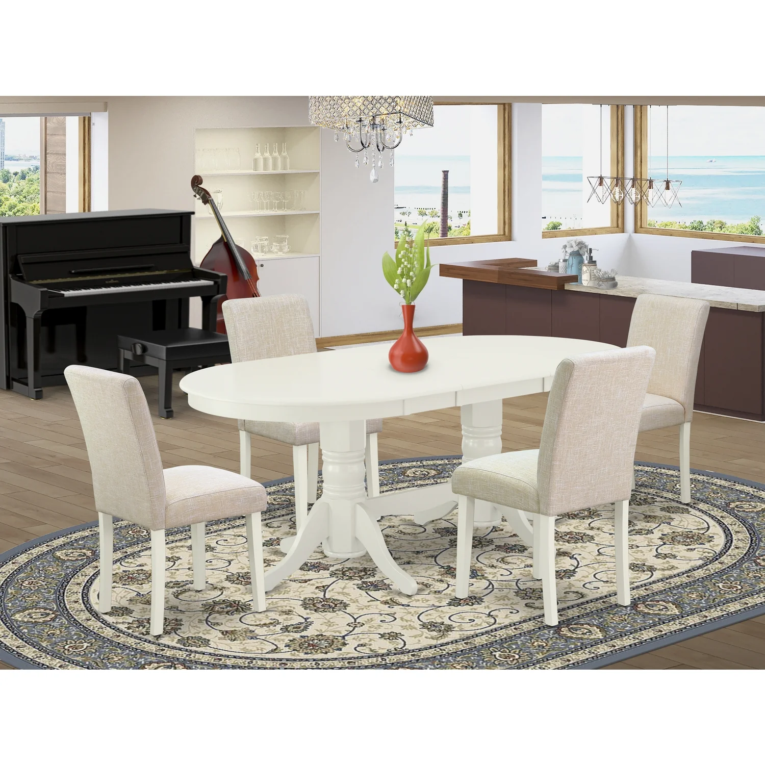 HomeStock Renaissance Romance 5 Pc Dining Room Set For 4- Table With Leaf And Four Parson Chair With Linen White Leg And Linen Fabric Light Beige