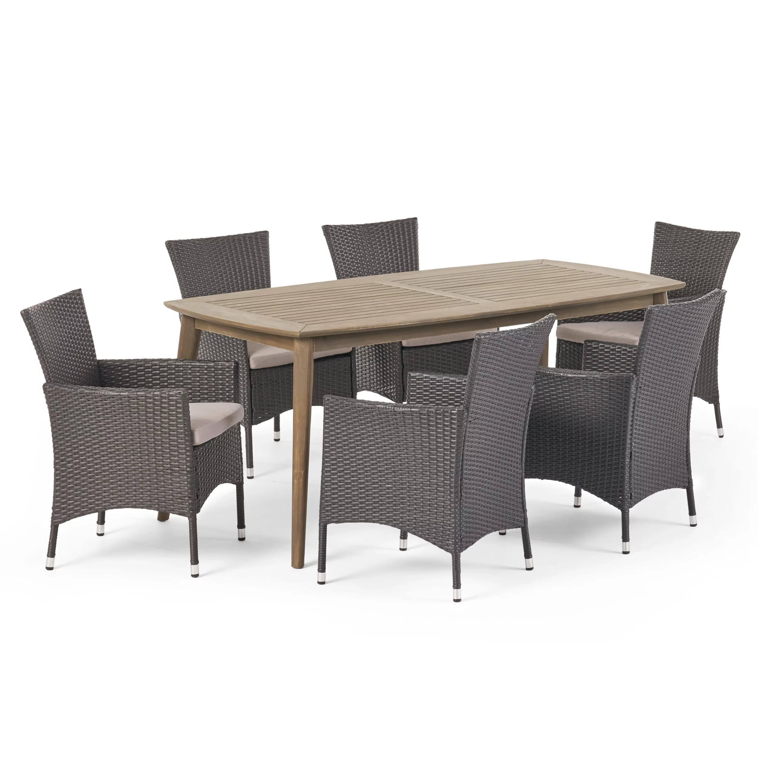GDF Studio Soniat Outdoor Wicker and Acacia Wood 7 Piece Dining Set with Cushion, Teak, Gray and Light Gray