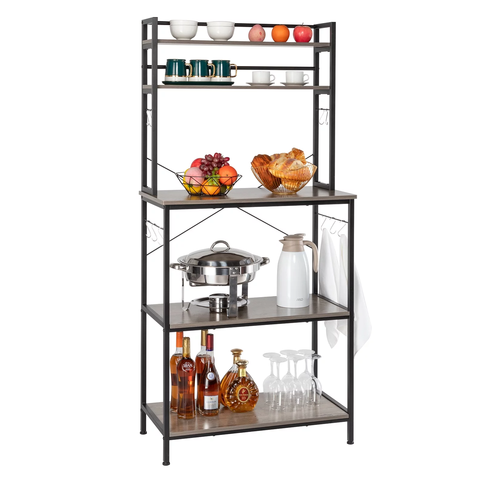 BMTBUY 5-Tier Kitchen Bakers Rack with 10 S-Shaped Hooks, Industrial Microwave Oven Stand, Free Standing Kitchen Utility Cart Storage Shelf Organizer (Rustic Gray)