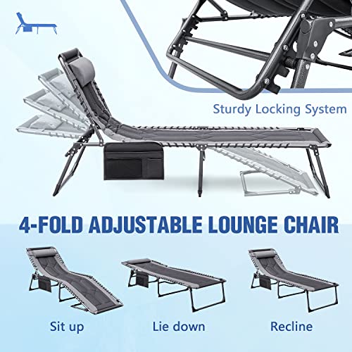 Devoko 4-Fold Padded Portable Folding Outdoor Chaise Lounge Heavy Duty Reclining Chair with Pillow & Side Pocket for Patio, Beach, Pool, Camping, Sunbathing (Gray)