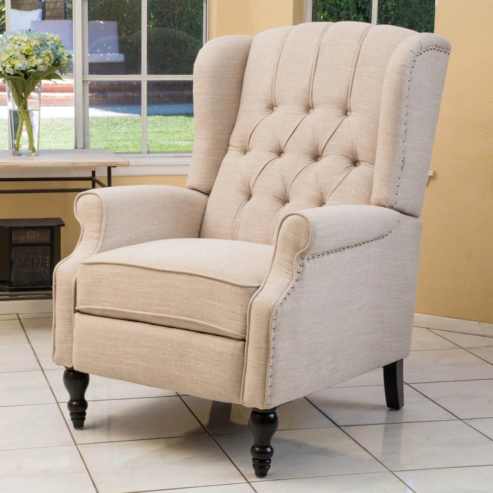 Noble House Walter Tufted Contemporary Fabric Recliner in Beige