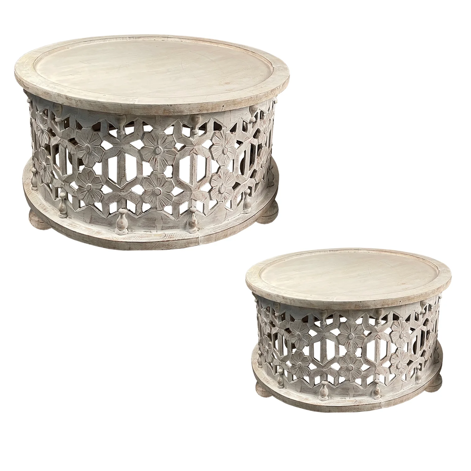Maykoosh 30 Inch Round 2 Piece Wood Coffee Table Set, Carved Floral Design, Urban Oasis White
