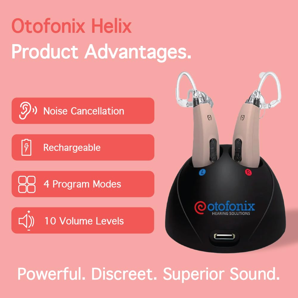 Otofonix Helix Rechargeable OTC Hearing Aids with Advanced Noise Cancellation for Seniors & Adults (Pair, Right & Left Ear, Beige)