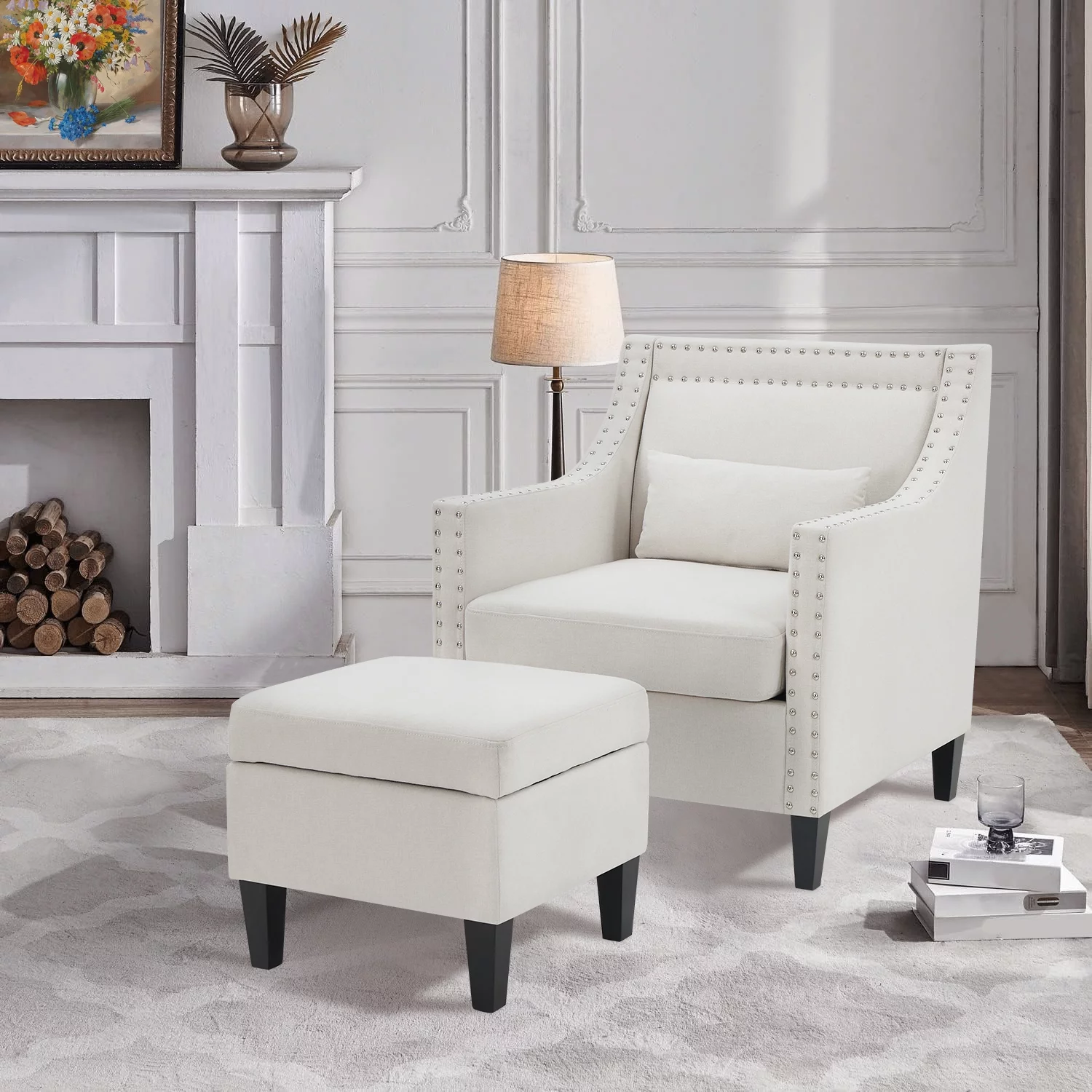 Kinmars Accent Chair with Ottoman Lumbar Pillow Set, Comfy Reading Armchair, Living Room, Home Office, Bedroom(Beige)