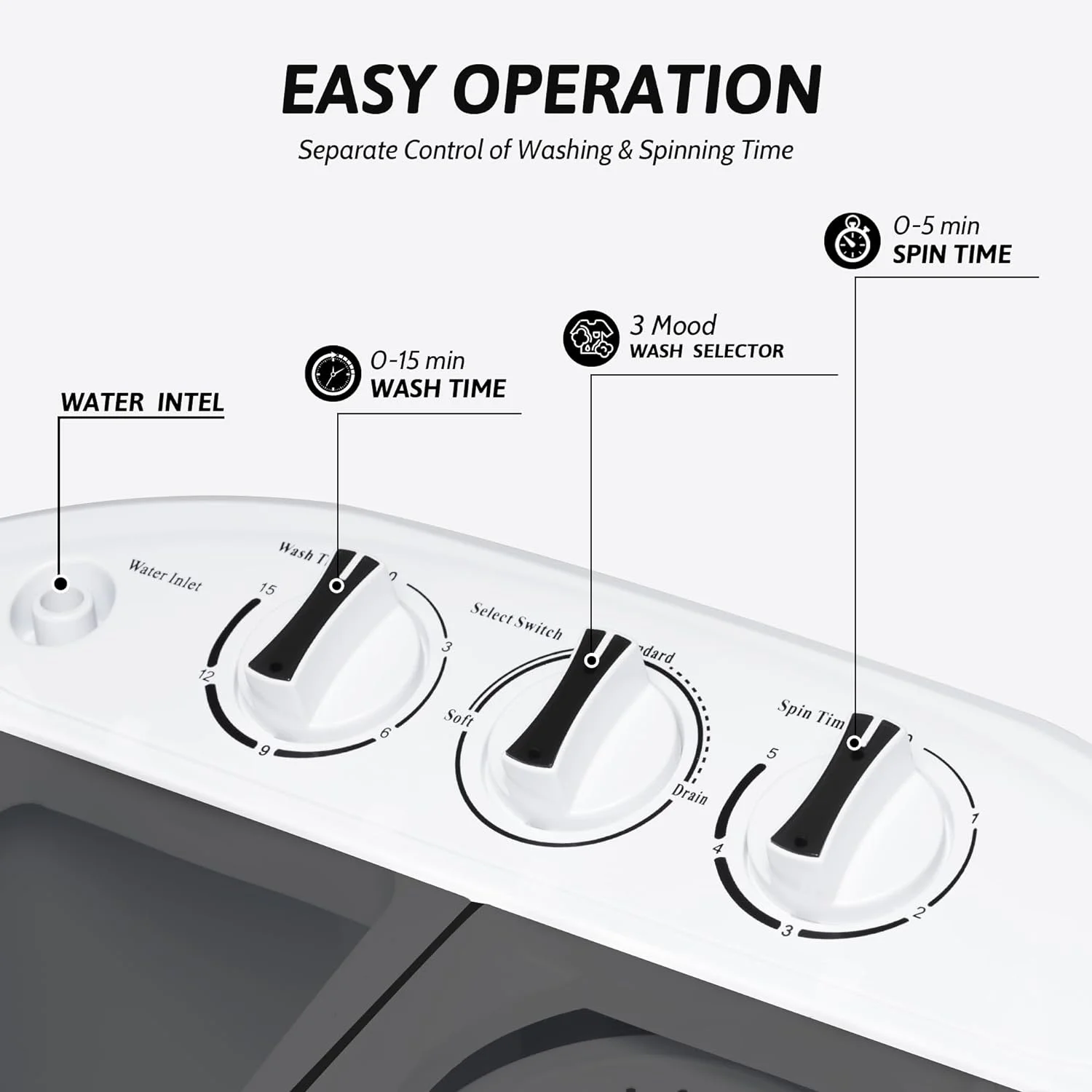 Portable Washing Machine, 15lbs Twin Tub Washer 2 In 1 Mini Compact Laundry Machine, 9lbs Washer & 6lbs Spinner Combo for Dorms, Apartments, RVs(Black)