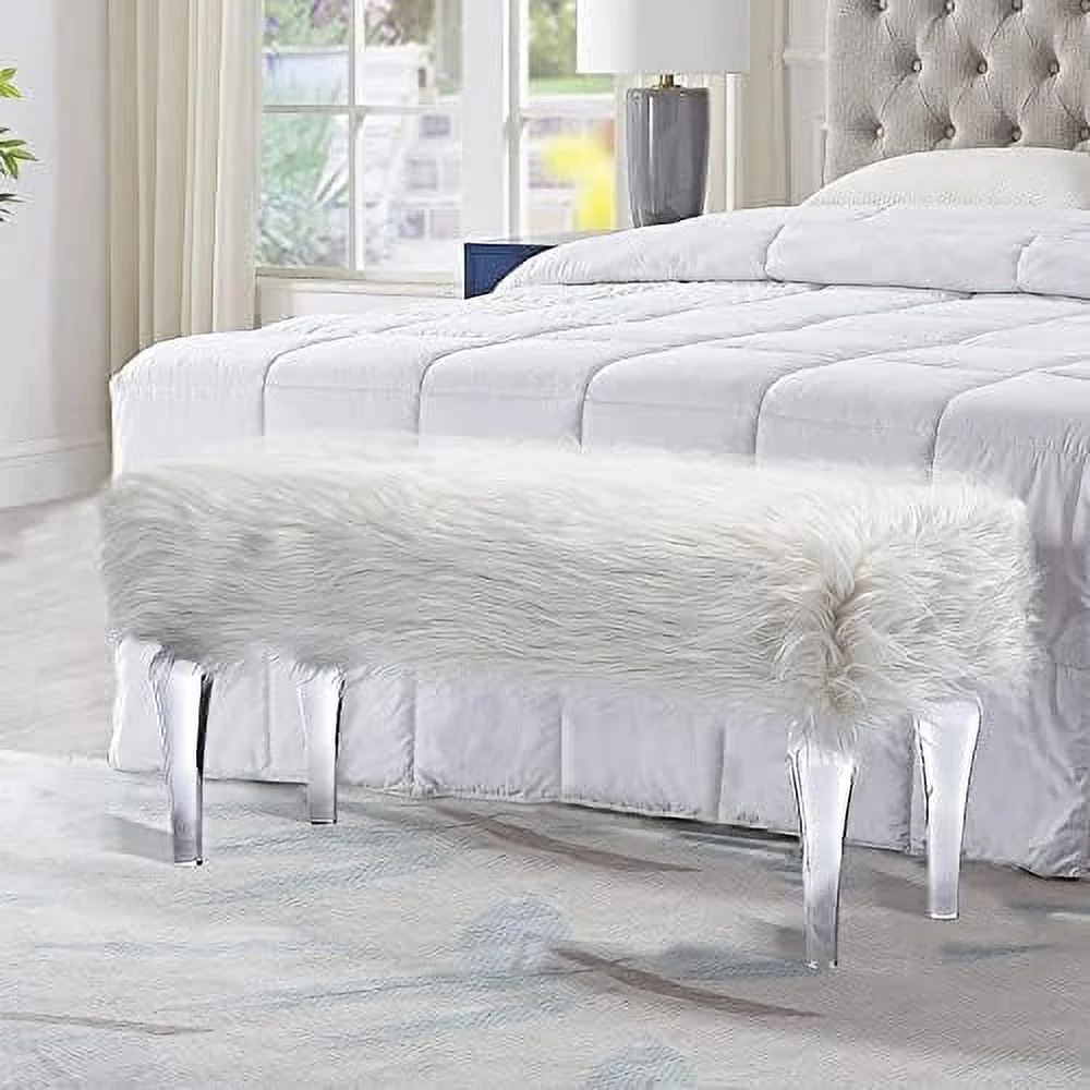 CKPFVY Modern Faux Fur Acrylic Entryway Bench  Fuzzy End of Bed Bench Footrest Vanity Stool Ottoman Bench for Bedroom Living Room  White