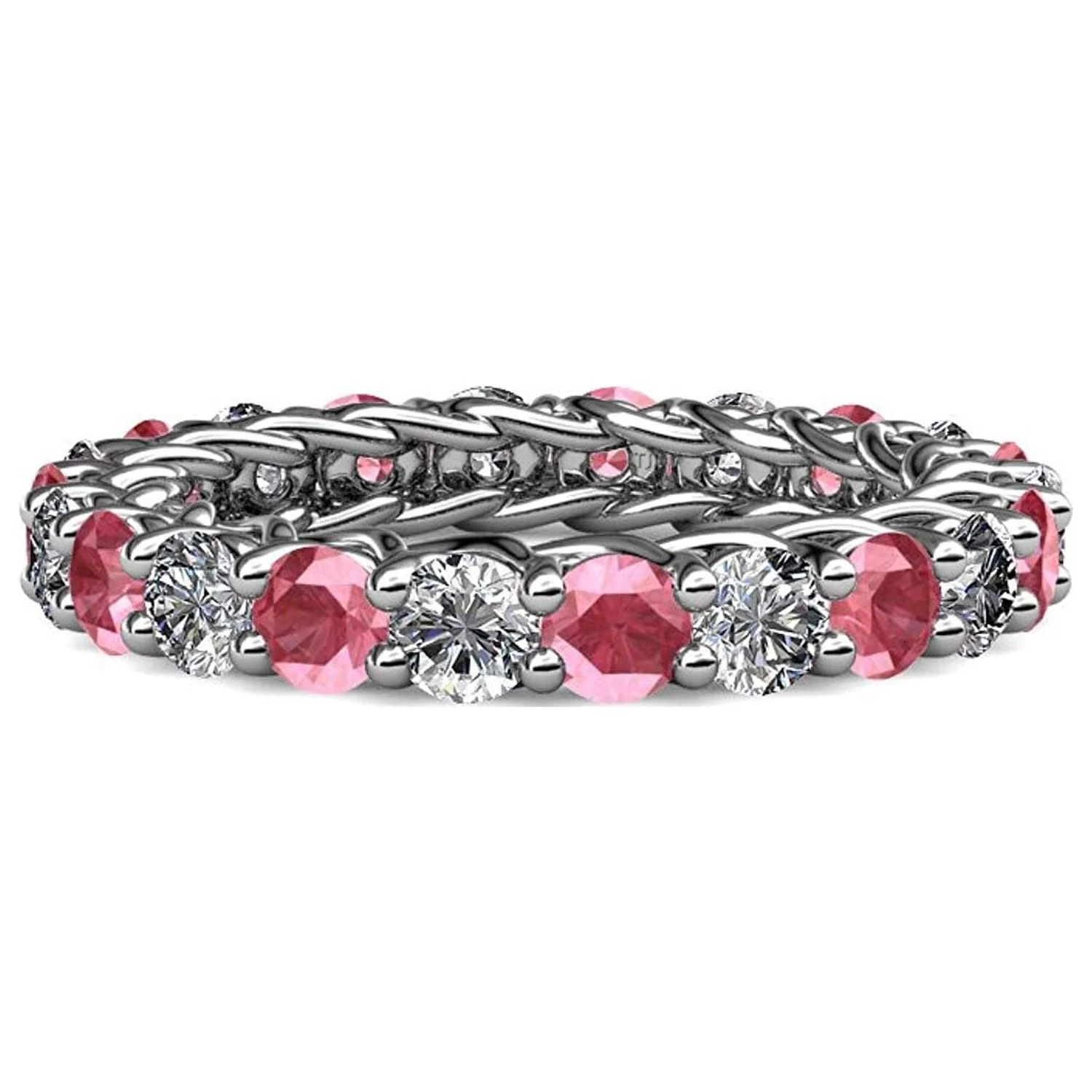 Pink Tourmaline and Diamond 3.4mm Gallery Eternity Band 2.76 cttw to 3.19 cttw in 14K White Gold.size 4.0