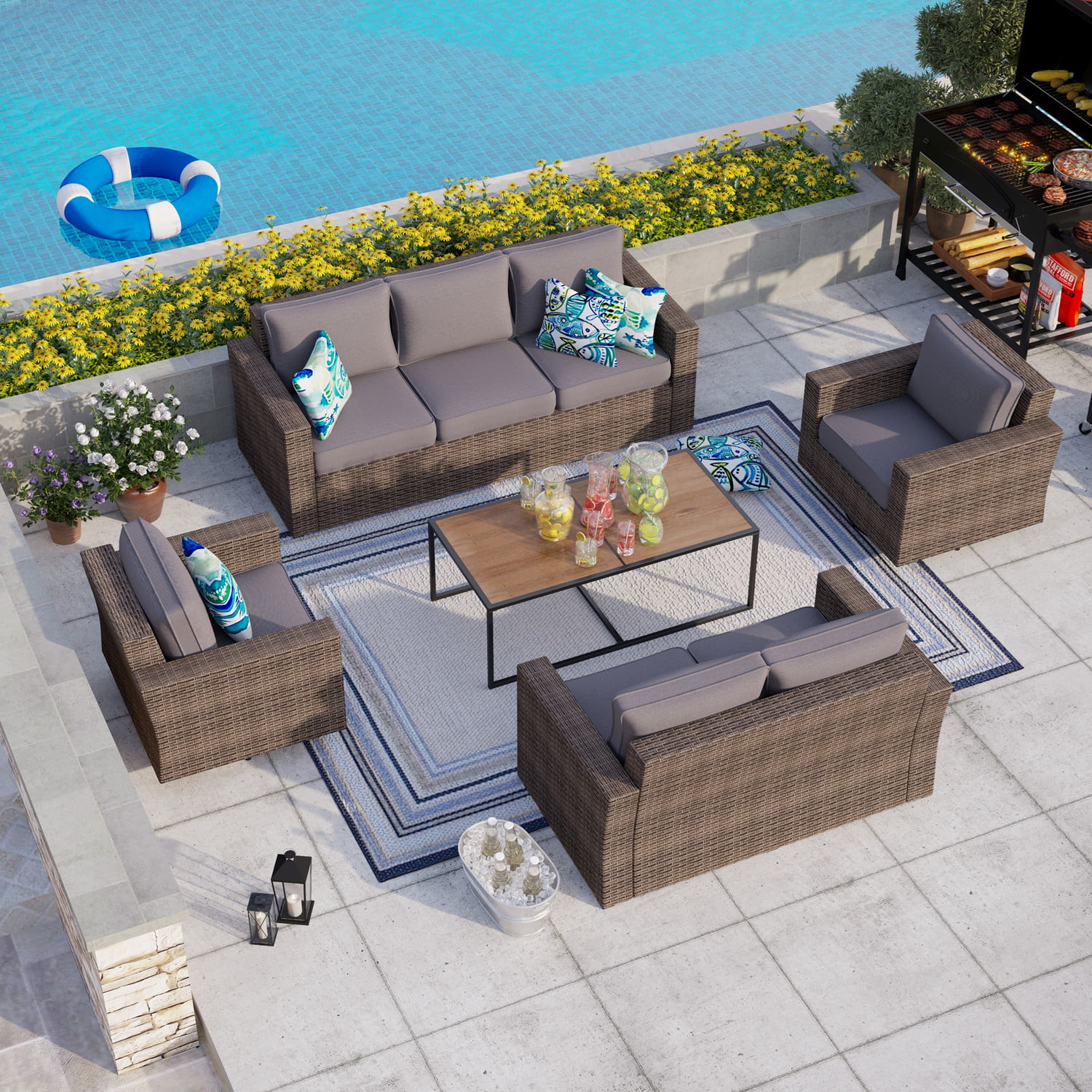 MF Studio 7 Pieces Patio Conversation Set Outdoor Sectional Sofa Set Wicker Patio Furniture Set with Beige Cushions