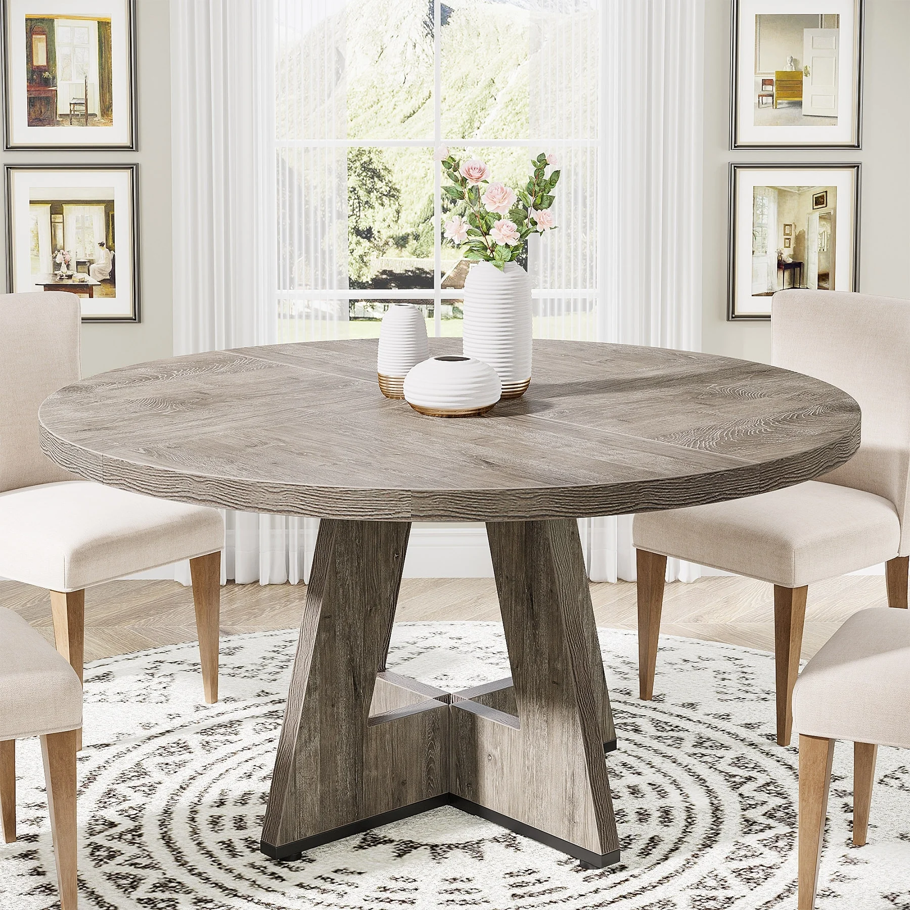 Lee Round Dining Table for 4, 47 Inch Farmhouse Kitchen Table Small Dinner Table Wood Kitchen Table for Dining Room Living Room Grey