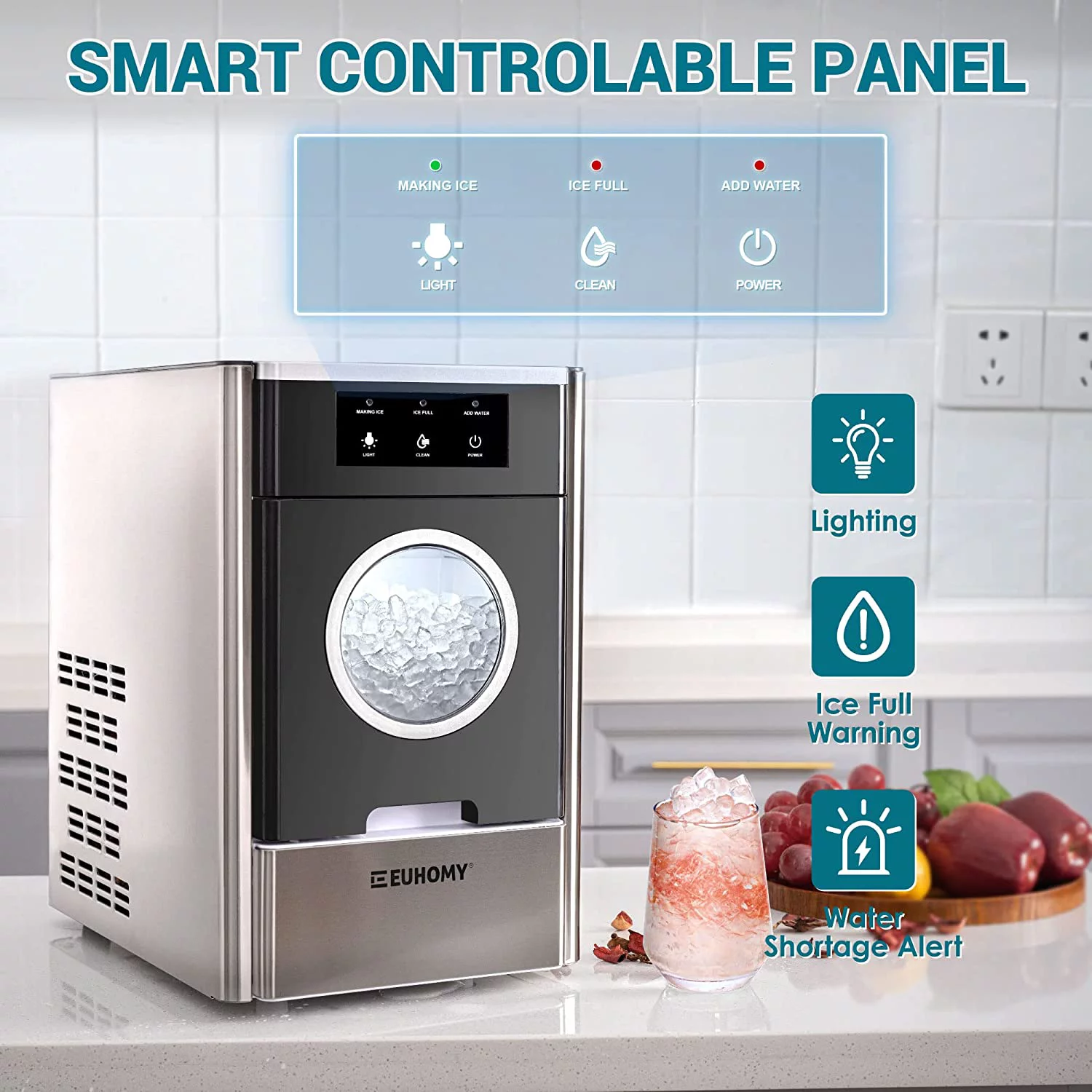 Euhomy 33lbs/24H Countertop Nugget Ice Maker, Soft Nugget Ice, 2 Ways Water Refill & Self-Cleaning Pebble Ice Maker