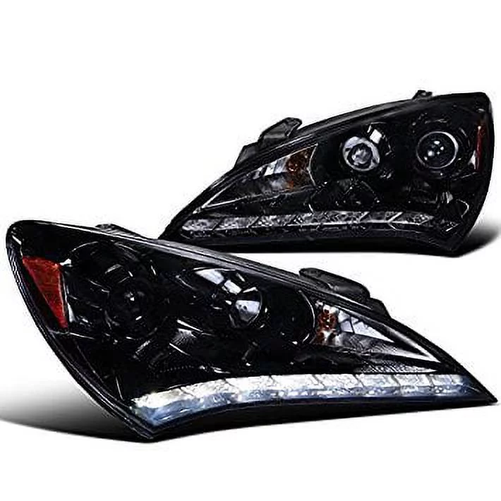 Spec-D Tuning 2LHP-GENS210G-V2-TM Hyundai Genesis Coupe Glossy Black Projector Smoke Headlights W/ R8 Led Drl