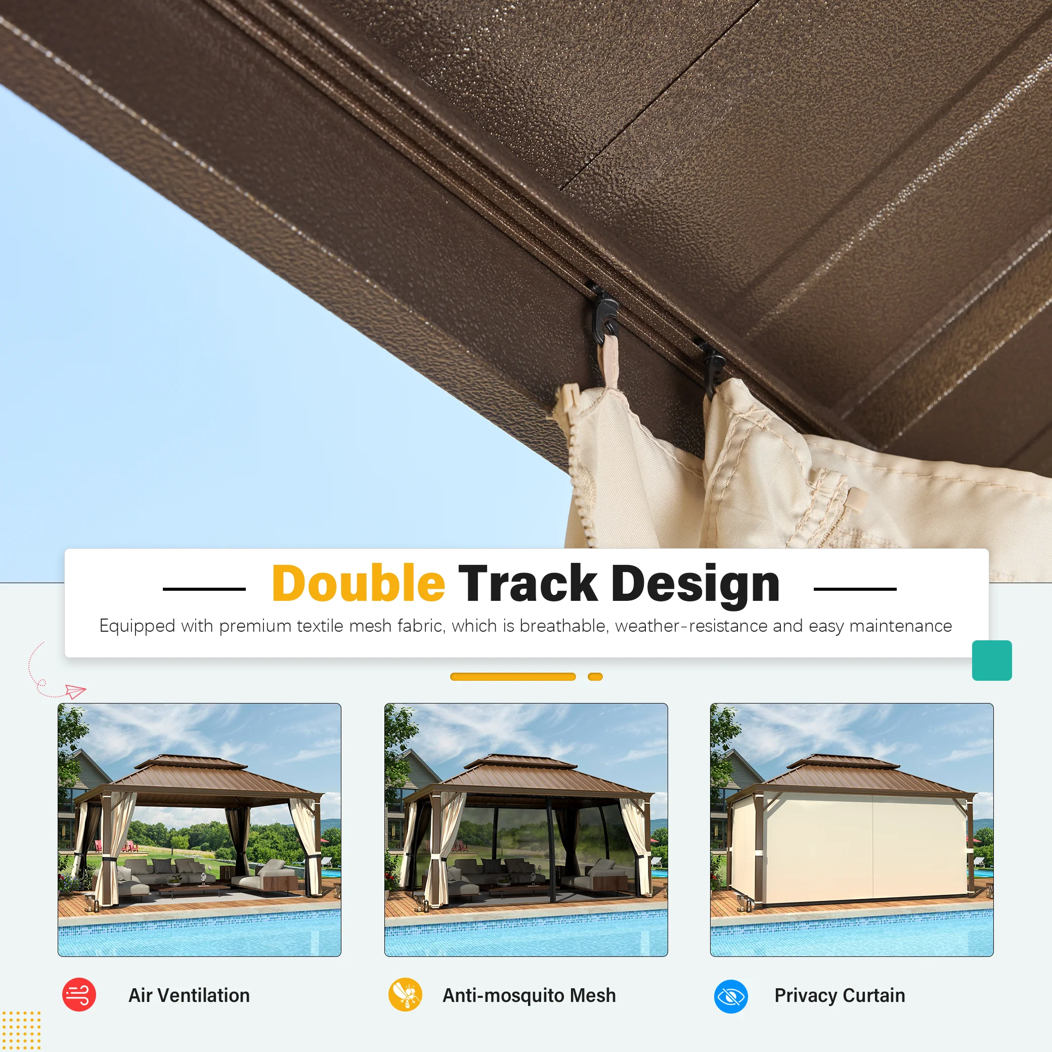 Erinnyees Gazebo 12’x16’W/Steel Double Roof, Galvanized aluminium Frame Waterproof Pavilion, Curtains & Netting Included Hardtop Gazebo for Patio Backyard Garden Lawn Parties, Brown