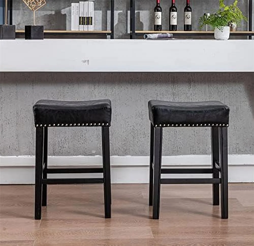 Stools Set of 2  26" Faux Leather Upholstered Counter Height Barstools with Nailhead Trims and Solid Wood Legs  Farmhouse Backless Dining Chairs Island Chairs with Footrest   Stool  B
