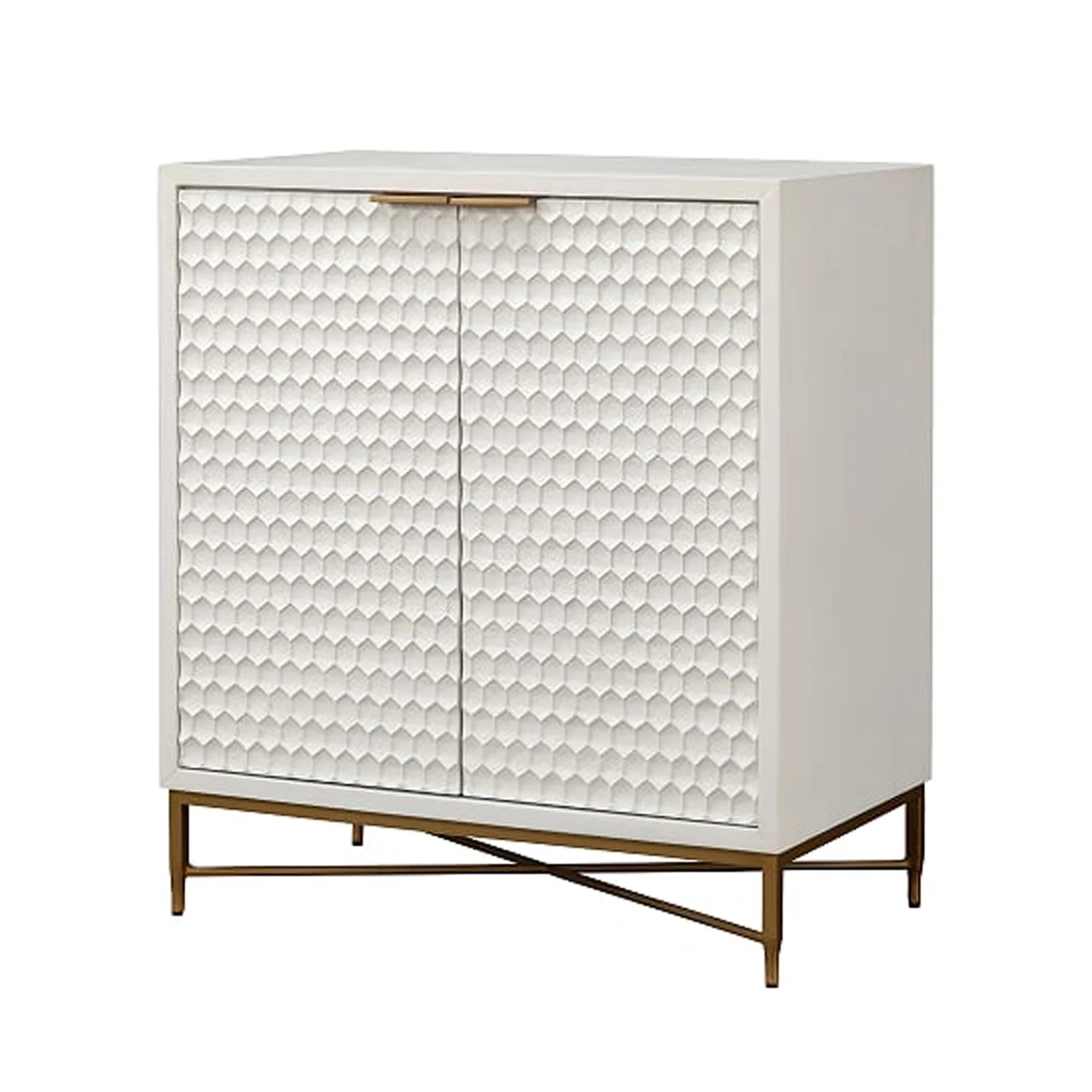 Benjara Honeycomb Design 2 Door Bar Cabinet with Metal Legs, White