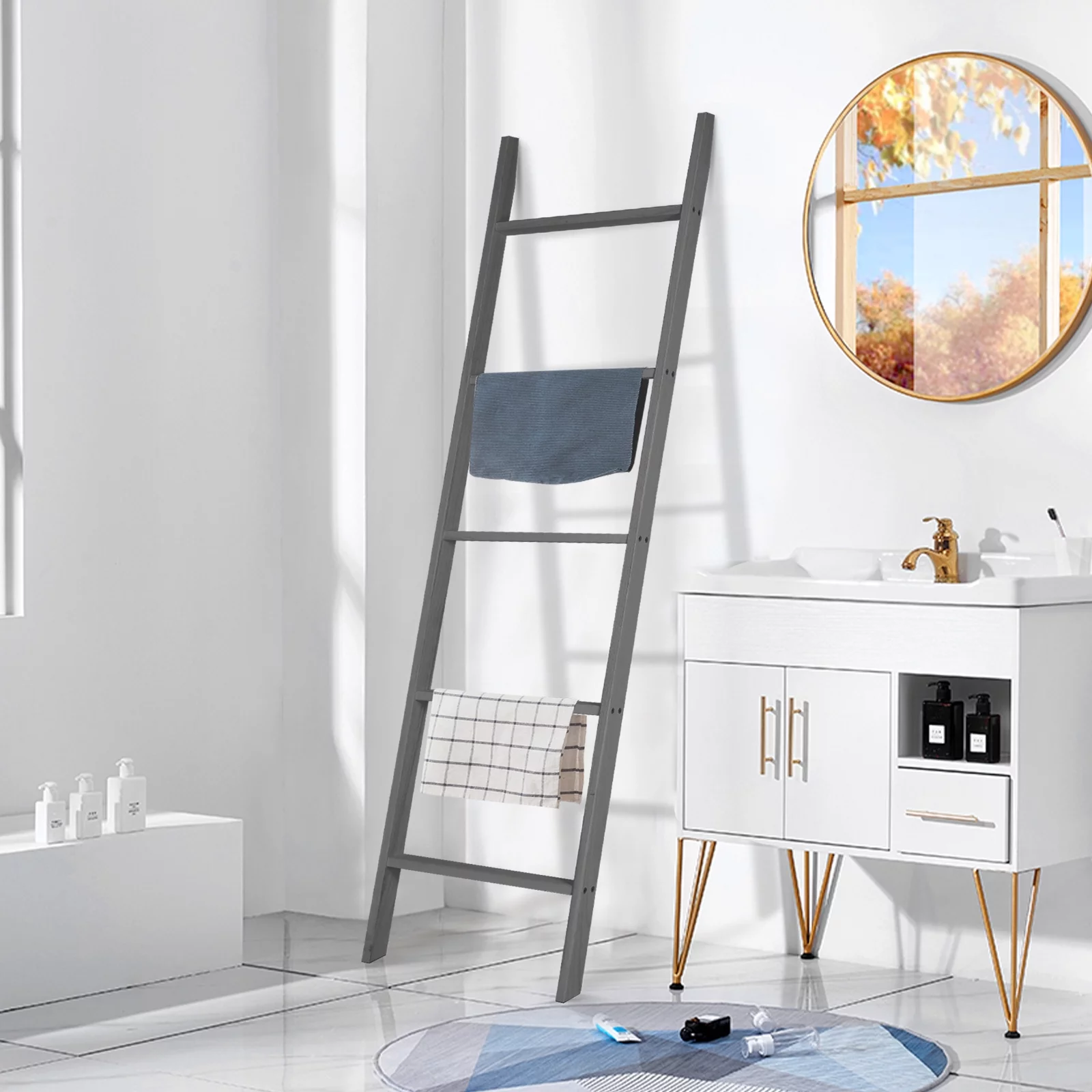 Fionafurn 5-Tier Modern Ladder Shelf,Wooden Flower Book Display Shelf，Leaning Wall Shelf，Gray