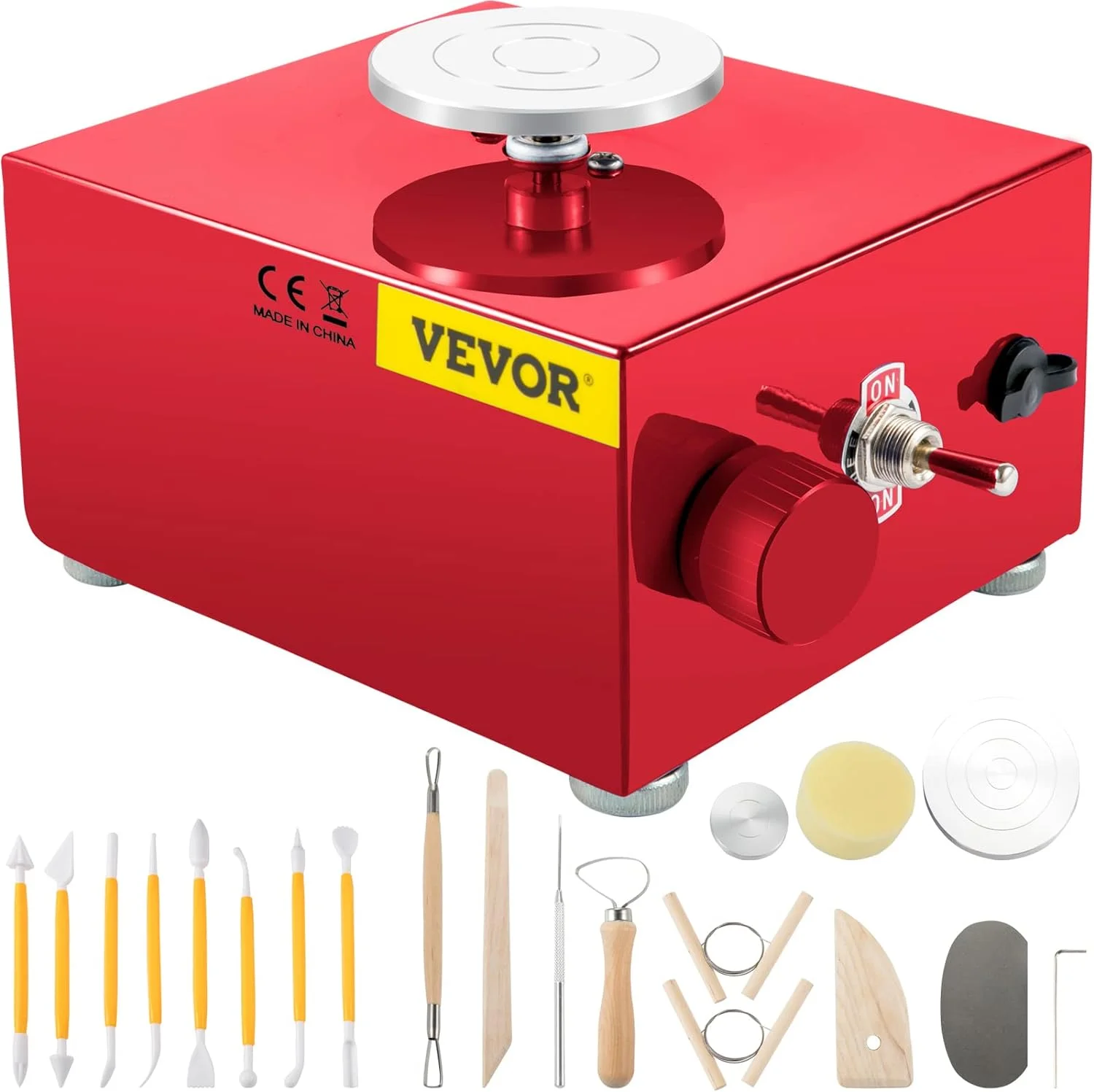 VEVOR 30W Ceramic Wheel Adjustable Speed Clay Machines Electric Sculpting Kits with 3 Turntables Trays and 16pcs Tools for Art Craft Work Molding Gift and Home DIY, Red