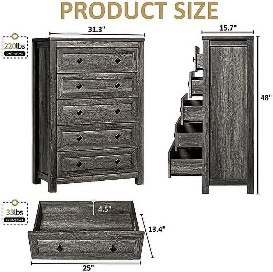 xrboomlife Farmhouse 5 Drawers Dresser  Wood Rustic Chest of Drawers for Bedroom  Tall Dressers Organizer with Metal Handles  5 Drawers Chest for Living Room  Hallway  Entryway  Rustic Br