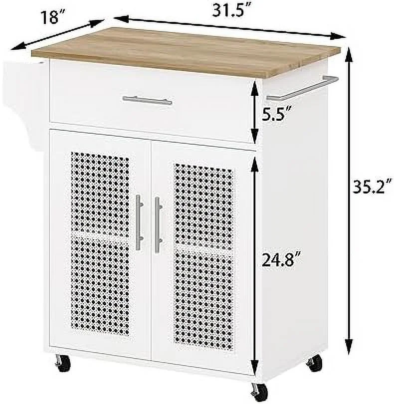 TJUNBOLIFE Kitchen Island with   Rolling Kitchen Island on Wheels with Solid Wood Countertop  White Kitchen Island Cart with Rattan  Cabinet  Spice Rack  Towel Rack and Drawers