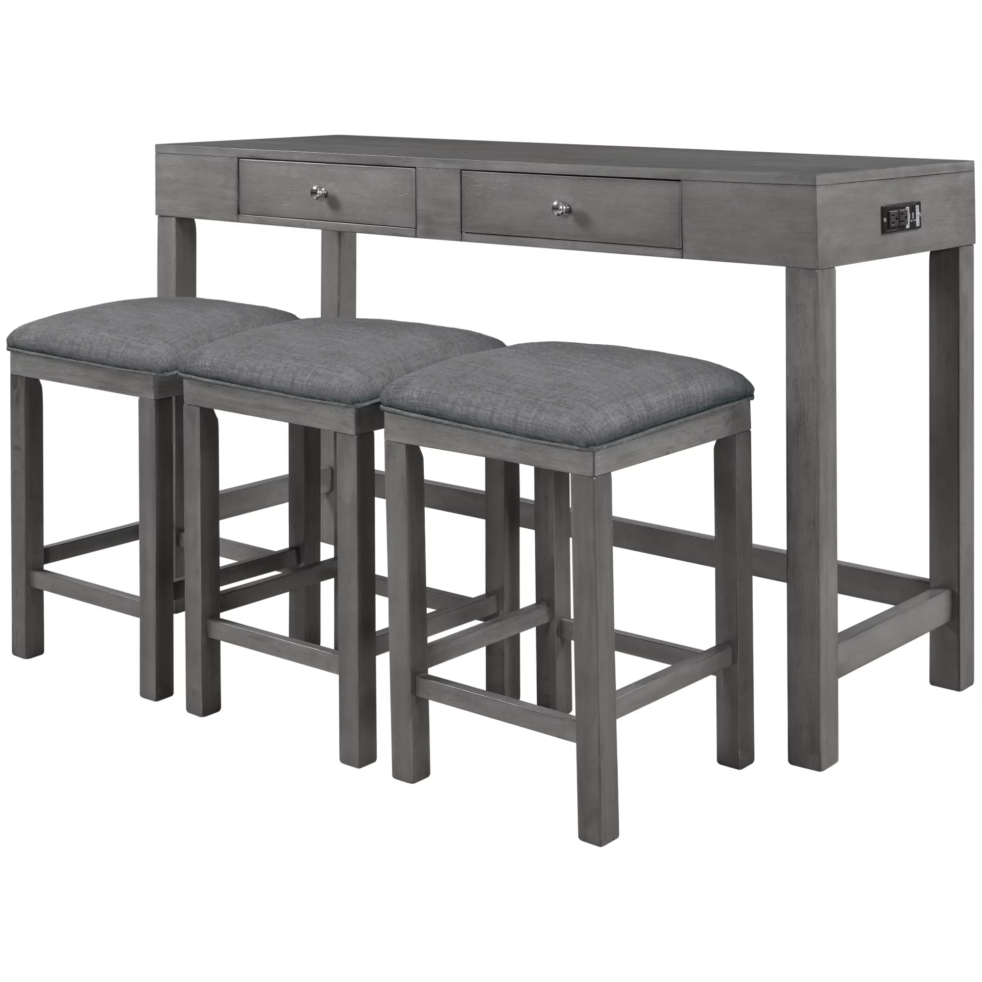 TOPMAX 4-Piece Counter Height Table Set with Socket and Fabric Padded Stools, Gray