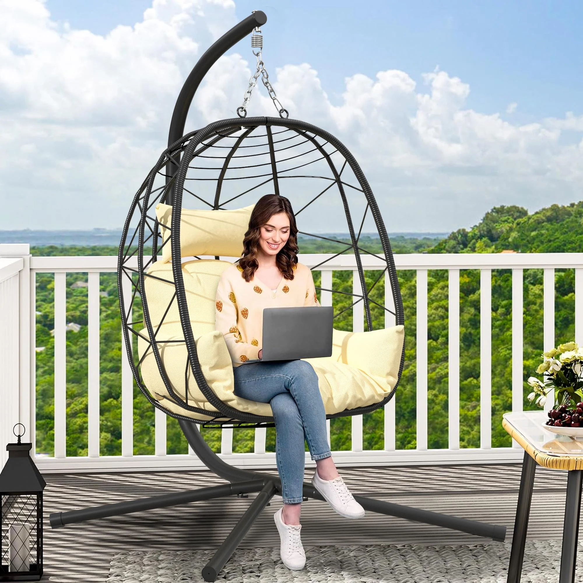 2 Piece Egg Chair, Outdoor Wicker Egg Chair with Stand, Patio Swing Chair Hammock Basket Chair with Removable Cream Cushion, All-weather Rattan Egg Chair for Living Room Balcony Porch, 265lbs Capacity