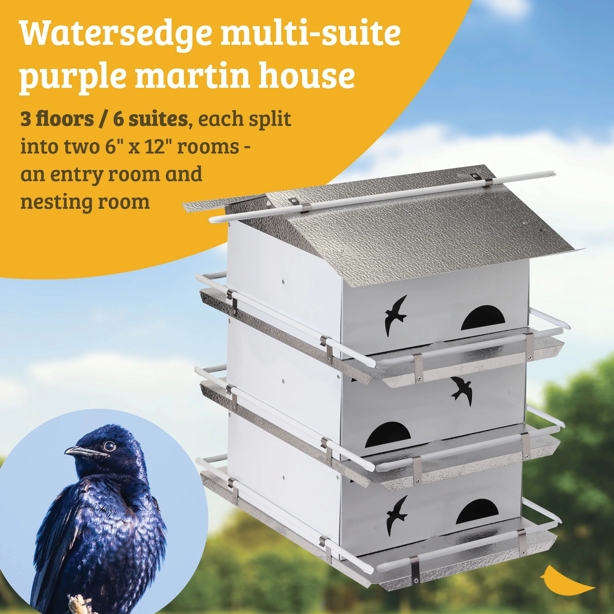 Birds Choice PMW3 Watersedge Purple Martin House 3 Floor/6 Room, Bird House, Medium, White/Grey