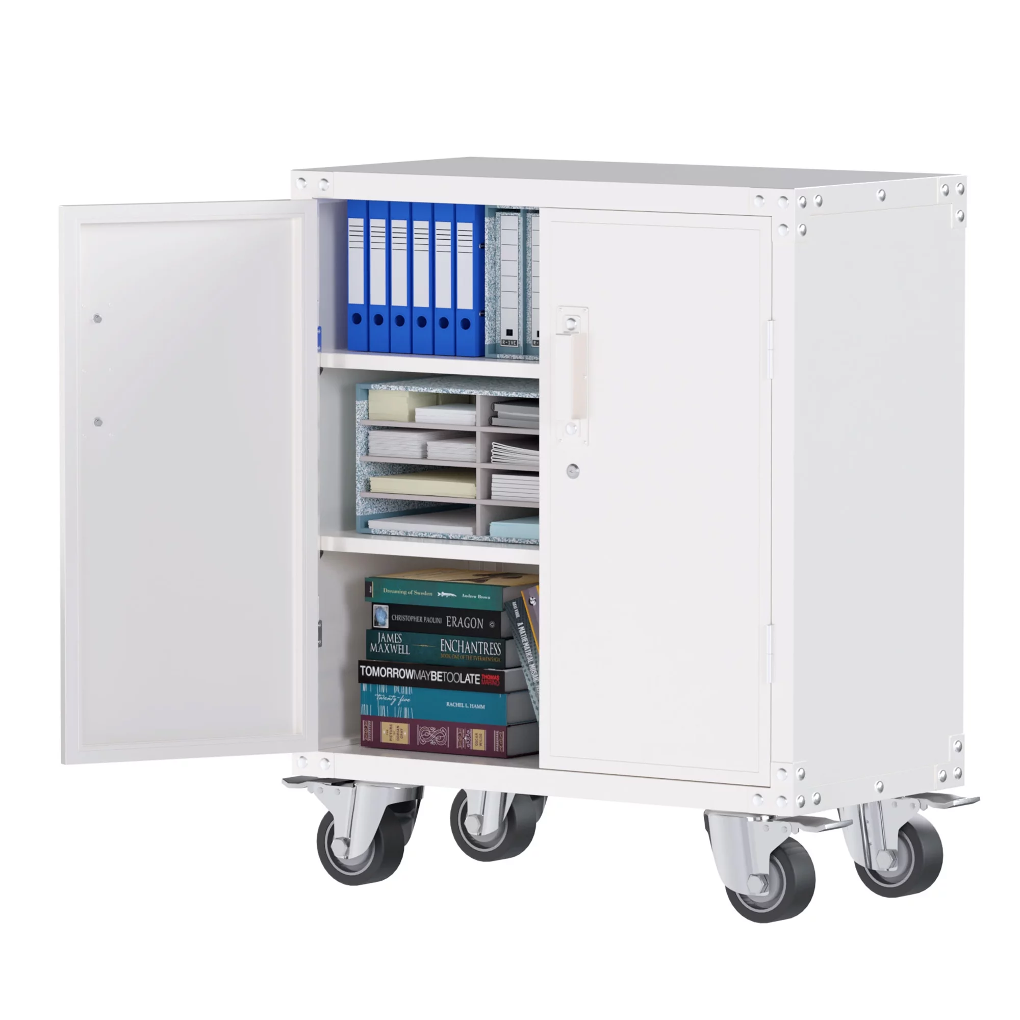 AOBABO Metal Storage Cabinet with Wheels,Lockable Storage Cabinet with 2 Adjustable Shelves,35.4'' Tall Storage Cabinet for Garage,Office,School,White