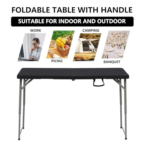 4 Foot Folding Table Indoor Outdoor Heavy Duty Plastic Fold-in-Half Table Foldable Dining Table w/Handle Lock for Picnic, Party, Camping, BBQ