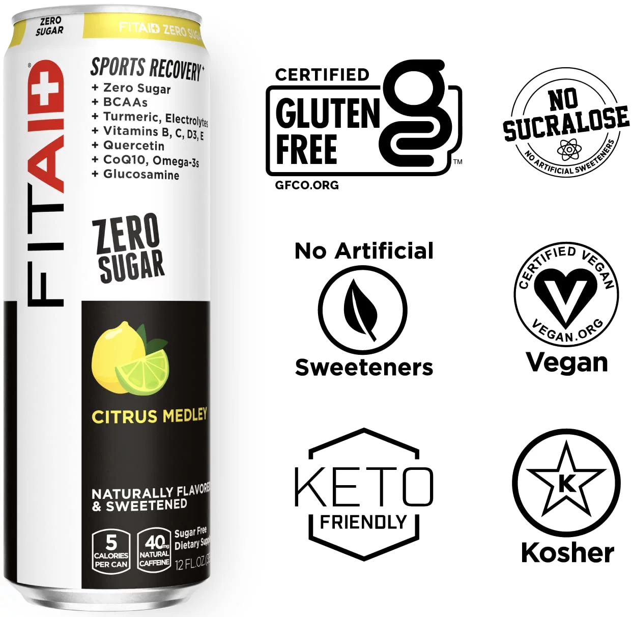 FITAID ZERO, No Artificial Flavors or Sweeteners, Keto-Friendly, Number 1 Post-Workout Recovery Drink, Contains Zero Sugar, BCAAs, Glucosamine, Omega-3s, Green Tea, 5 Calories, 12 Fl Oz (Pack of 12)