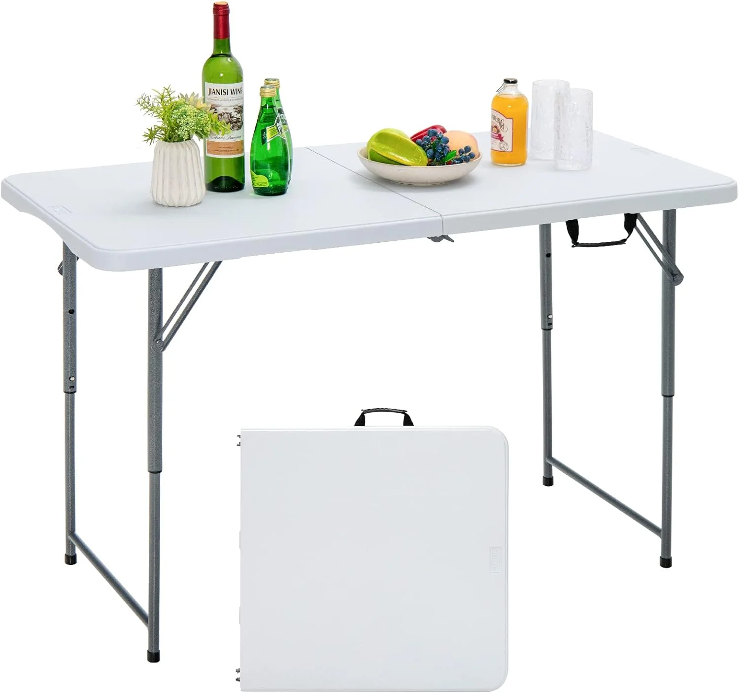 4 ft Folding Table, Portable Picnic Table with 3 Adjustable Height, Carrying Handle, Heavy Duty Fold-in-Half Plastic Outdoor Table for Camping, Dining, BBQ, Party, No Assembly Needed