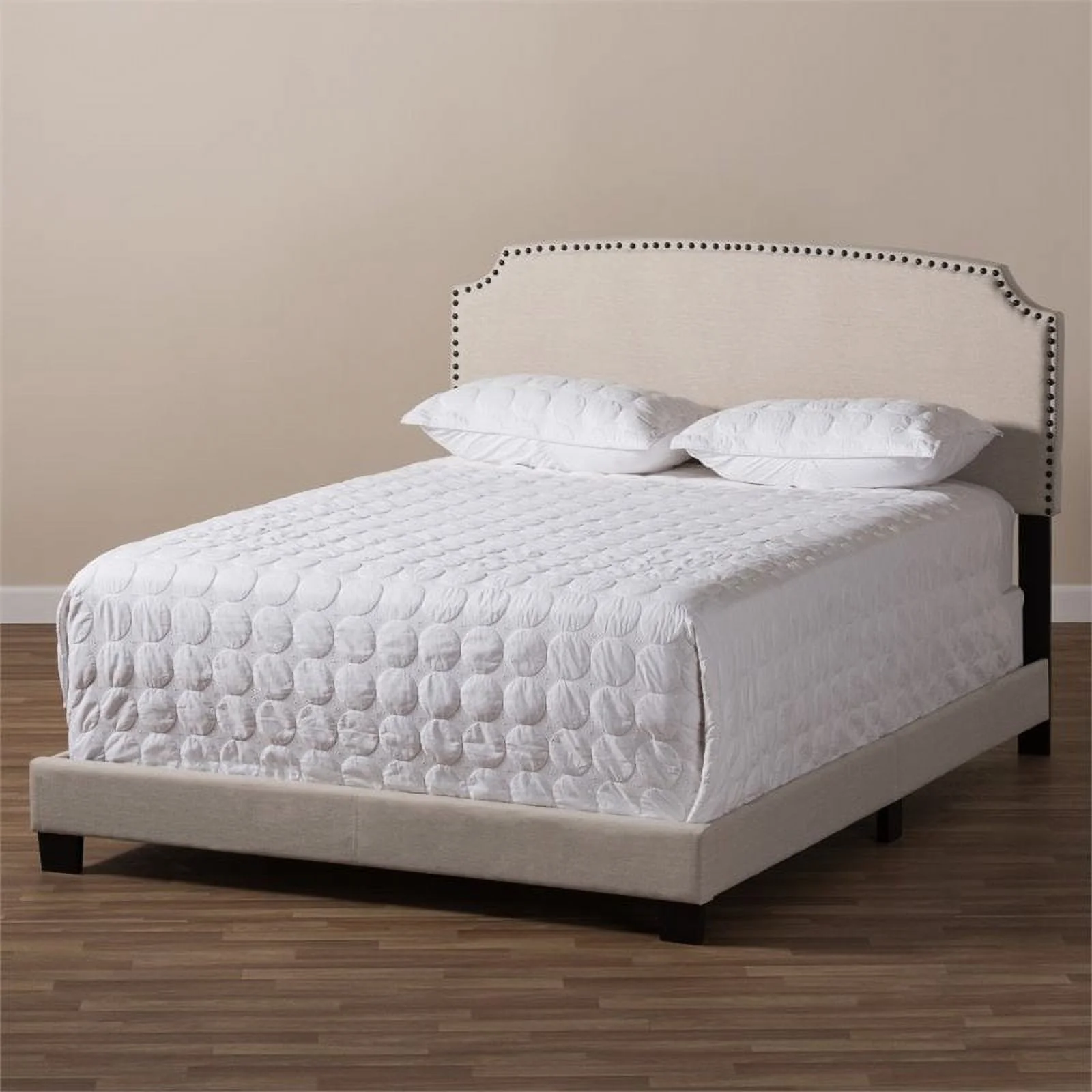 Bowery Hill Nailhead Upholstered Queen Bed in Light Beige