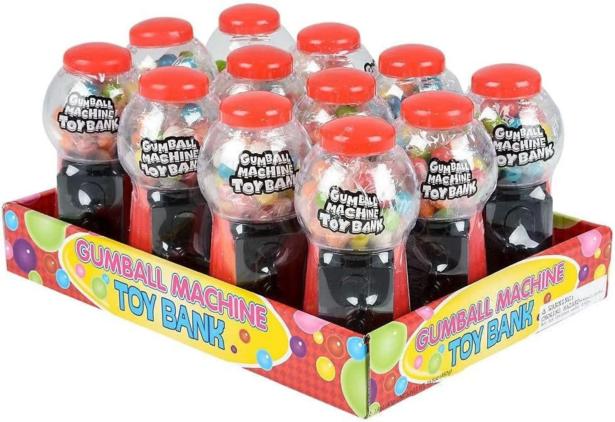 Gumball Machine Bank (With GUMBALLS) (12 Pack In Retain Box) Classic Red Design - Mini Bubble Gum Candy Dispenser. Unique Money Saving Coin Bank. (12)