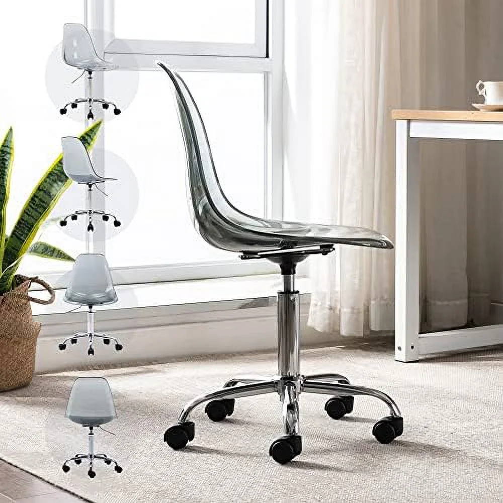 CGFHYP Acrylic Clear Desk Chair  Modern Small Cute Armless Vanity Rolling Plastic Chair Home Office Lucite Ghost Curved Chairs Padded with Golden Legs and Adjustable Height  Gold