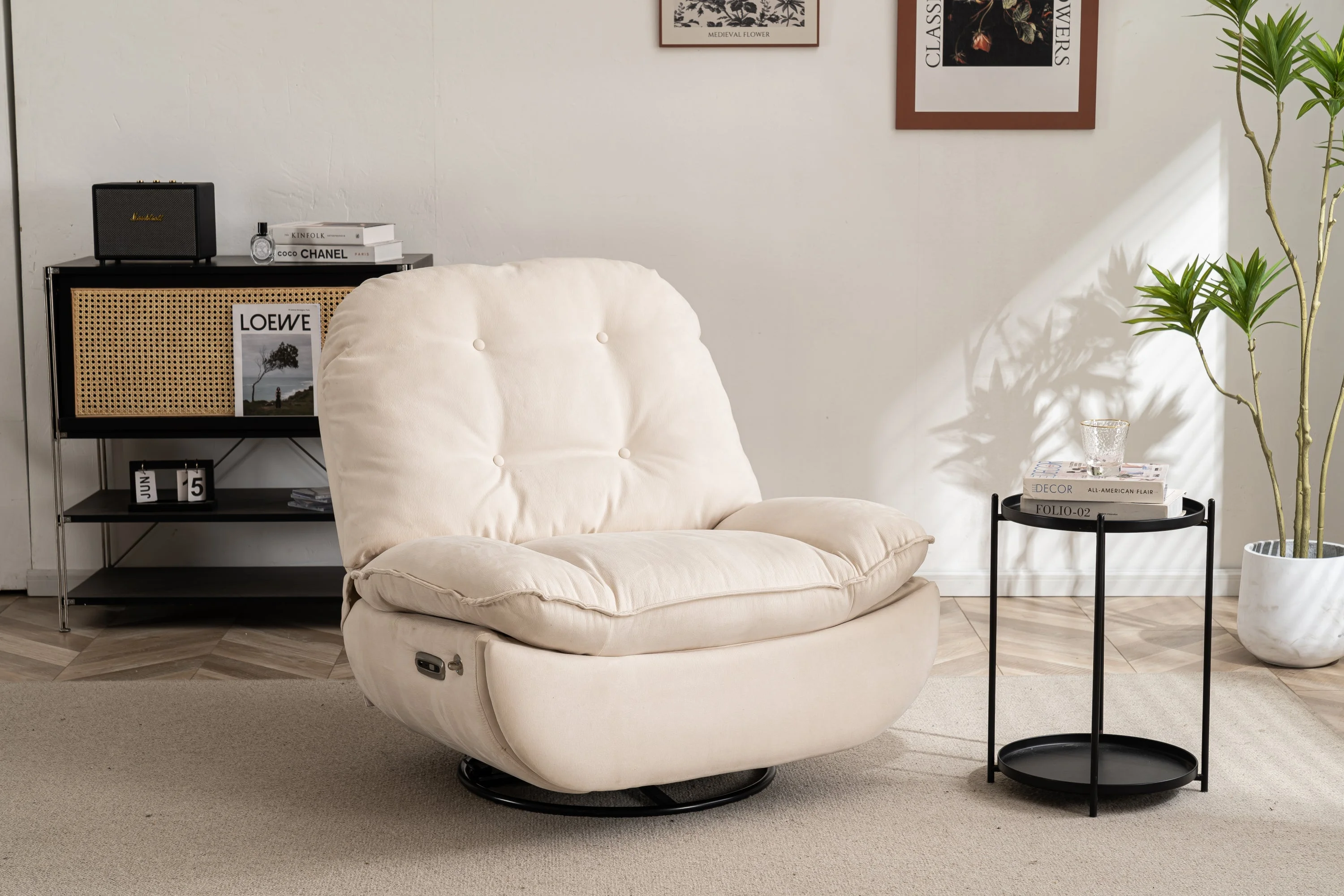 Clara Power Linen Recliner Swivel Glider USB Charger with Bluetooth  - Cream