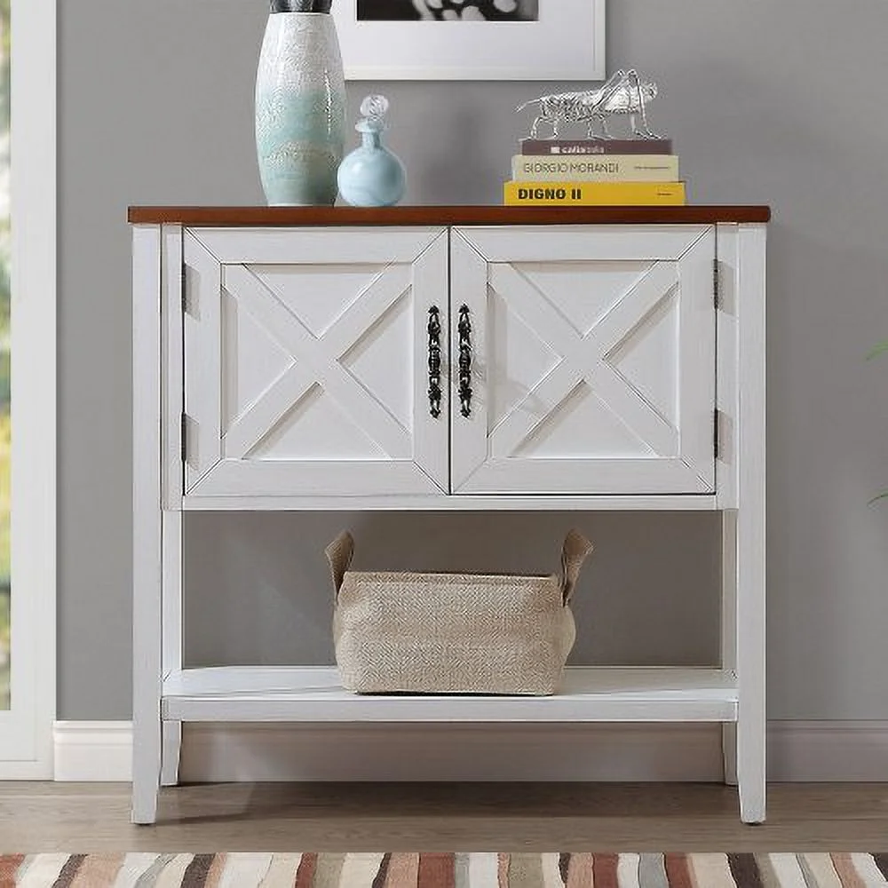 35''Farmhouse Wood Buffet Sideboard Console Table with Bottom Shelf and 2-Door Cabinet, for Living Room, Entryway,Kitchen Dining Room Furniture( Antique White + Walnut Top)