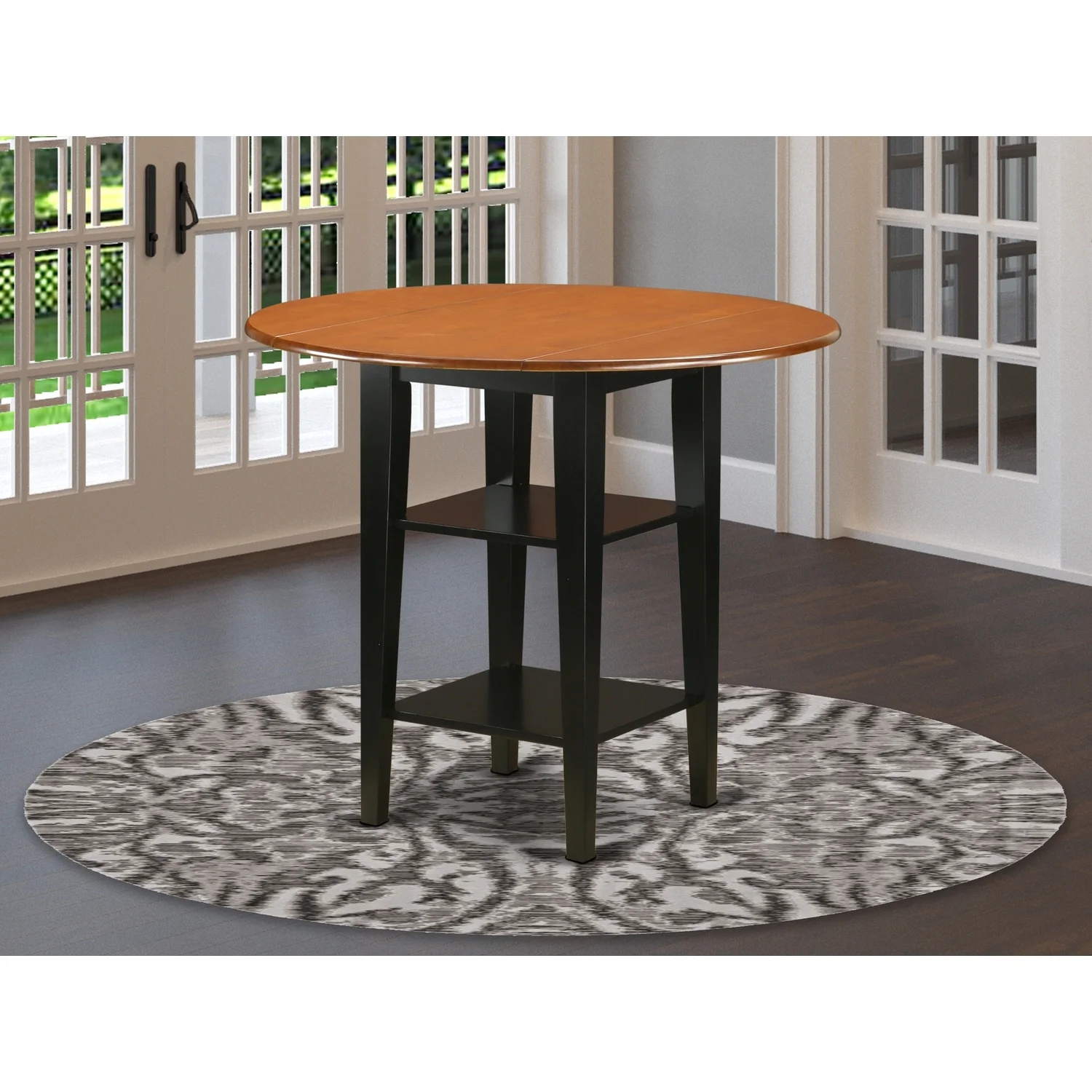 HomeStock Rustic Ranch Round Counter Height Table With Two Shelves In Black & Cherry Finish