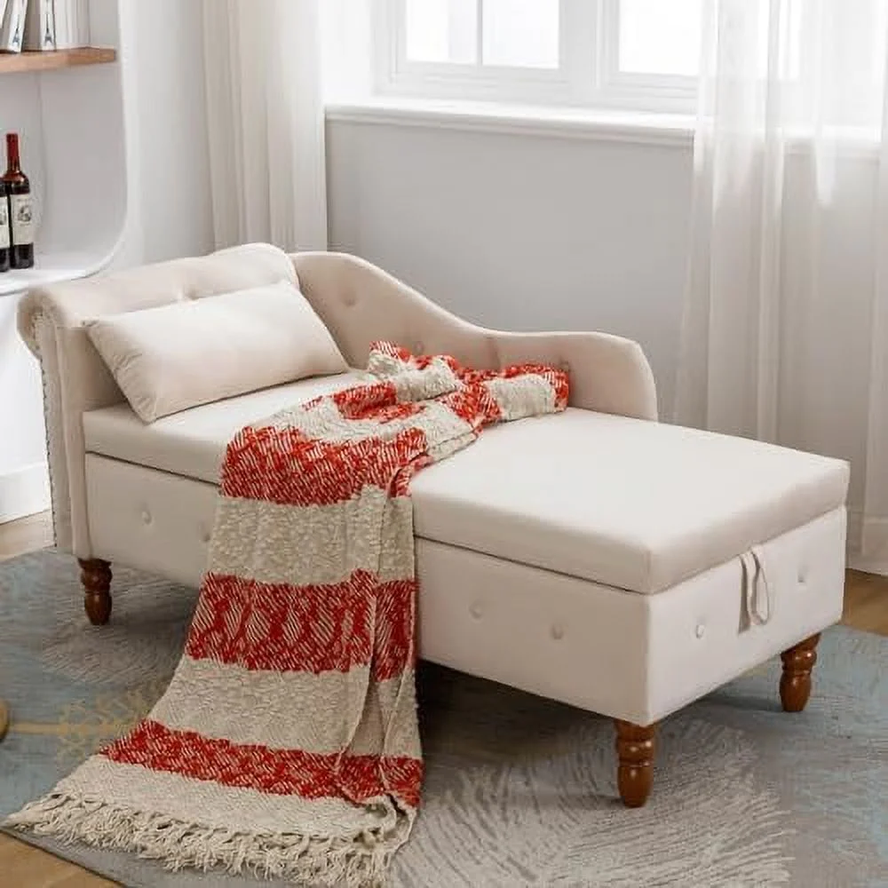 HYHBIBOOM Velvet Chaise Lounge Indoor with   Button Tufted Chaise Chair with Lumbar Pillow and Rolled Arm  Upholstered Chaise Lounge Chair for Living Room Bedroom Office Beige