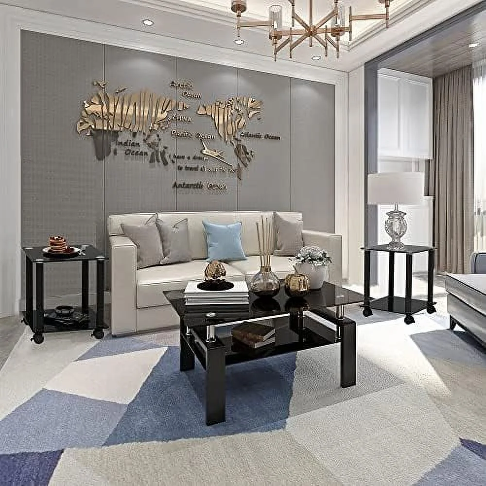 CHNBVC Glass End Tables Living Room   Modern Sofa  Set 2  Transparent Tempered Glass Small Square Corner  for Home Bedroom  (2Pcs-All Black)