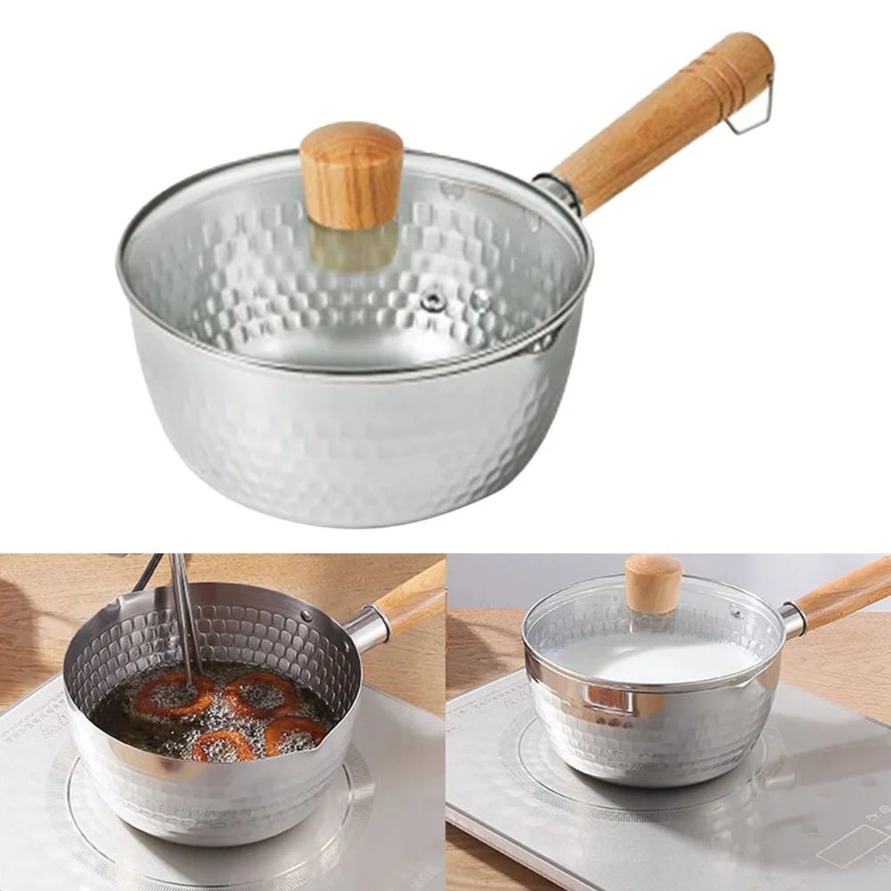 Stainless Steel Saucepan with Wood Handle,Yukihira Pan,Japanese Milk Pot,Yukihira Pot (with Glass Lid / no Lid) 18CM WITH LID