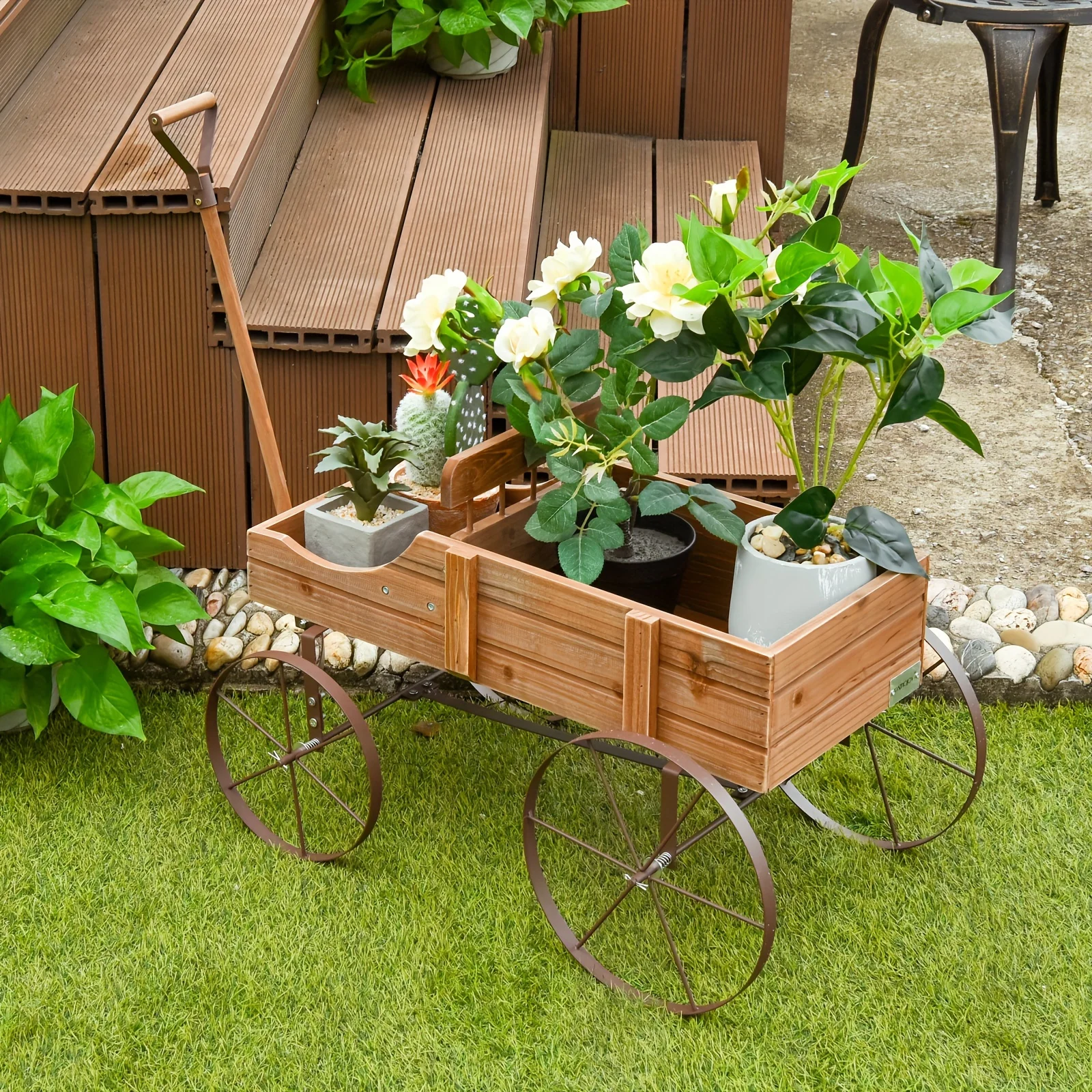 COSTWAY Wooden Garden Flower Planter Wagon Plant Bed W/ Wheel Garden Yard Brown