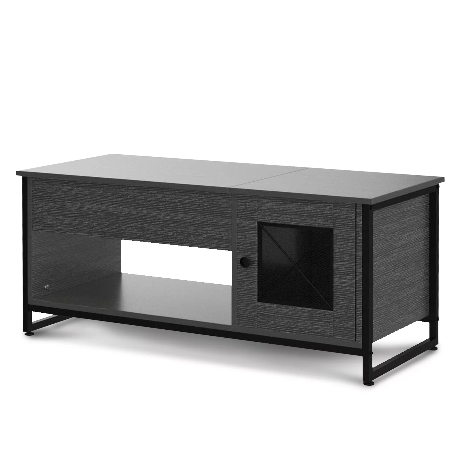 ENSTVER Industrial Lift Top Coffee Table with Metal Mesh Cabinet Door (Black Oak)
