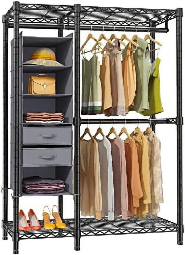 xrboomlife V2E Garment Rack for Hanging Clothes Heavy Duty  with Shelves  Portable Closet Freestanding Wardrobe Metal Clothing Rack Clothes Hanger Rack with Drawers  Max Load 550LBS  Blac