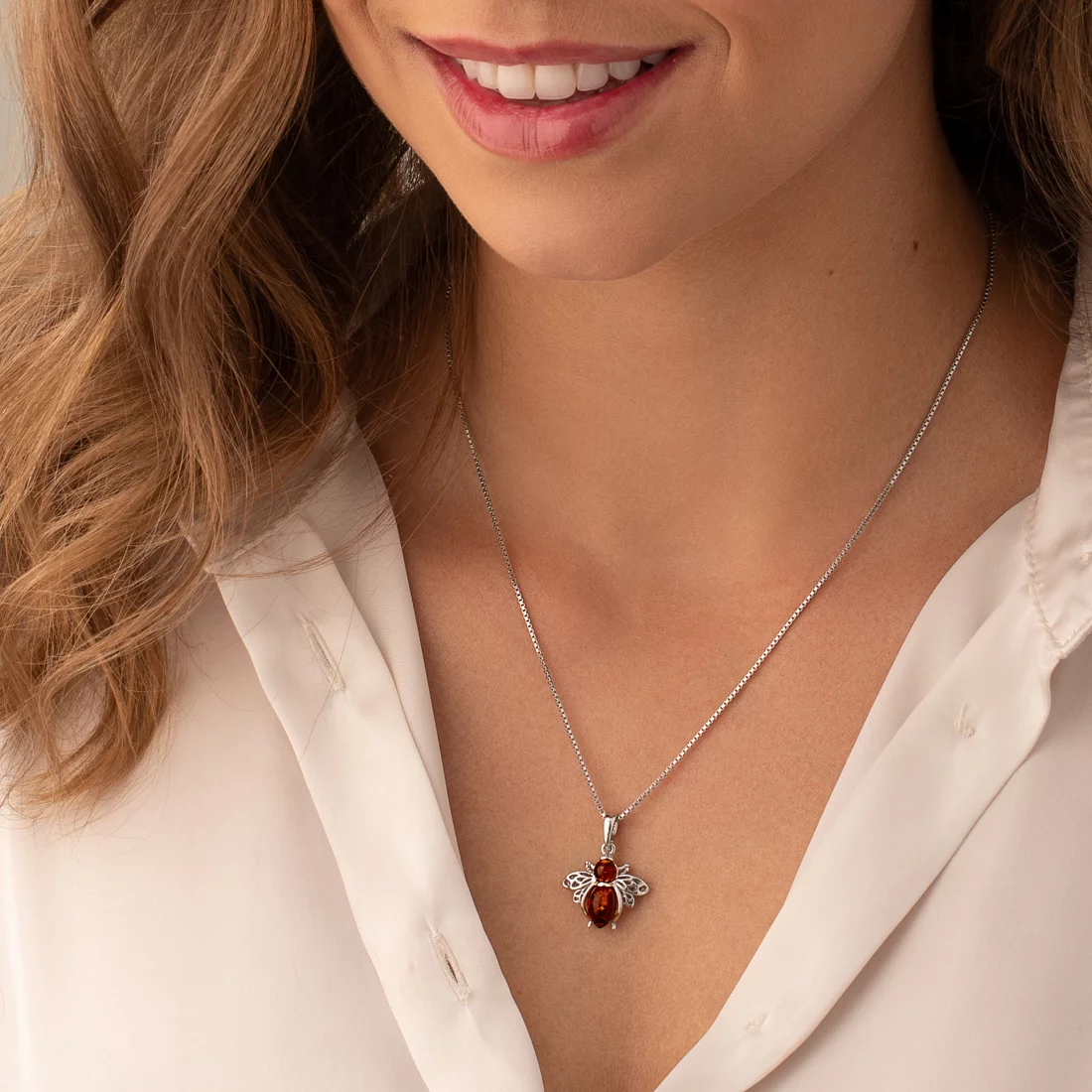 Baltic Amber Bee Pendant Necklace in Sterling Silver, 18