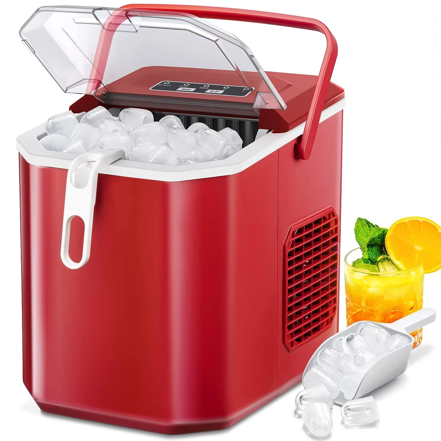 Xbeauty Ice Makers Countertop,Protable Ice Maker Machine with Self-Cleaning, 26Lbs/24H,9 Ice Cubes/8 Mins, Ice Bags, Ice Scoop, and Basket, Ice Maker for Home/Kitchen/Office/Party-RED