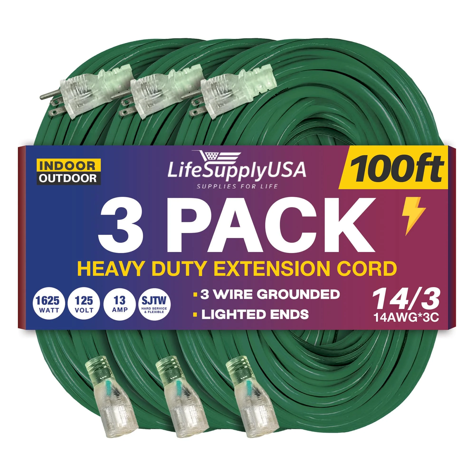 100ft Power Extension Cord Outdoor & Indoor - Waterproof Electric Drop Cord Cable - 3 Prong SJTW, 14 Gauge, 13 AMP, 125 Volts, 1625 Watts, 14/3 by LifeSupplyUSA - Green (3 Pack)