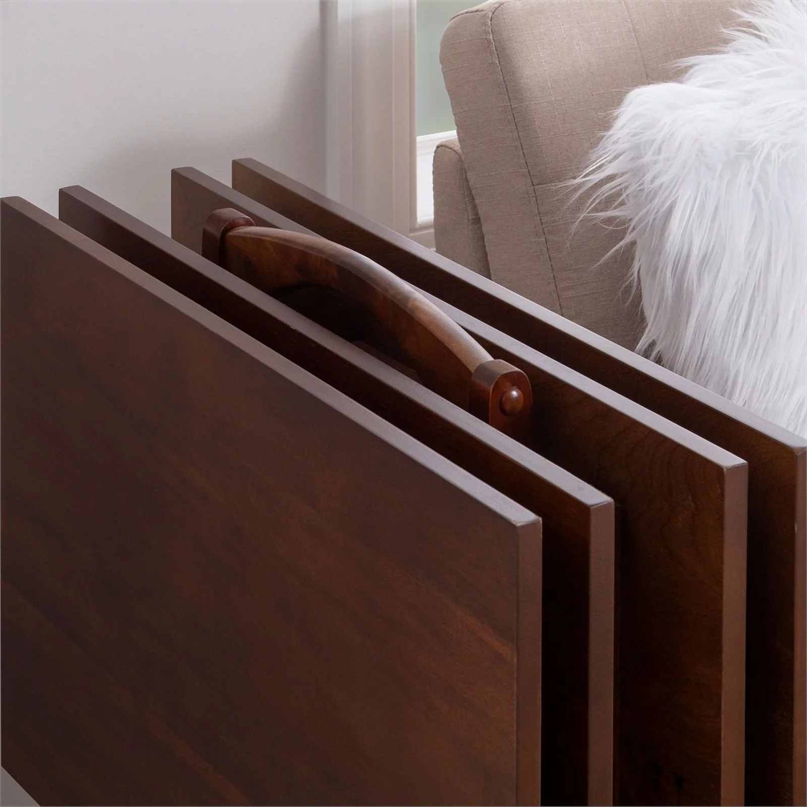 Pemberly Row Transitional Solid Wood Five Piece Tray Table Set in Hazelnut Brown