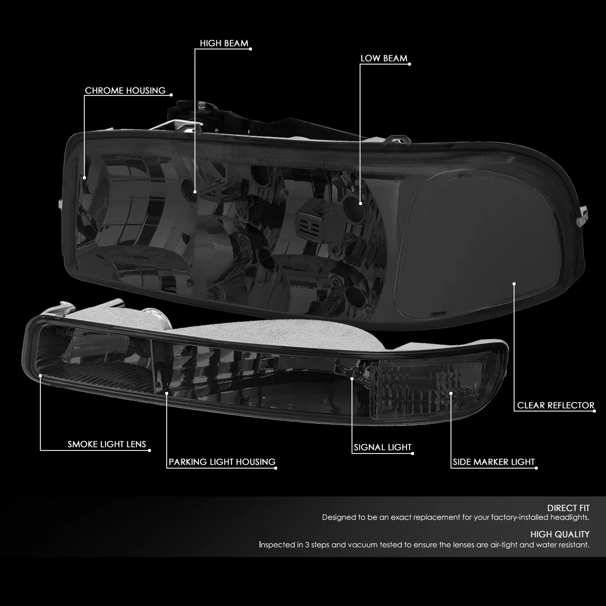 DNA Motoring HL-OH-SIE994P-SM-CL1 For 99-07 GMC Sierra/Yukon GMT800 Smoke Lens Headlight+Clear Corner Bumper Light 00 01 02 03 04 05 06