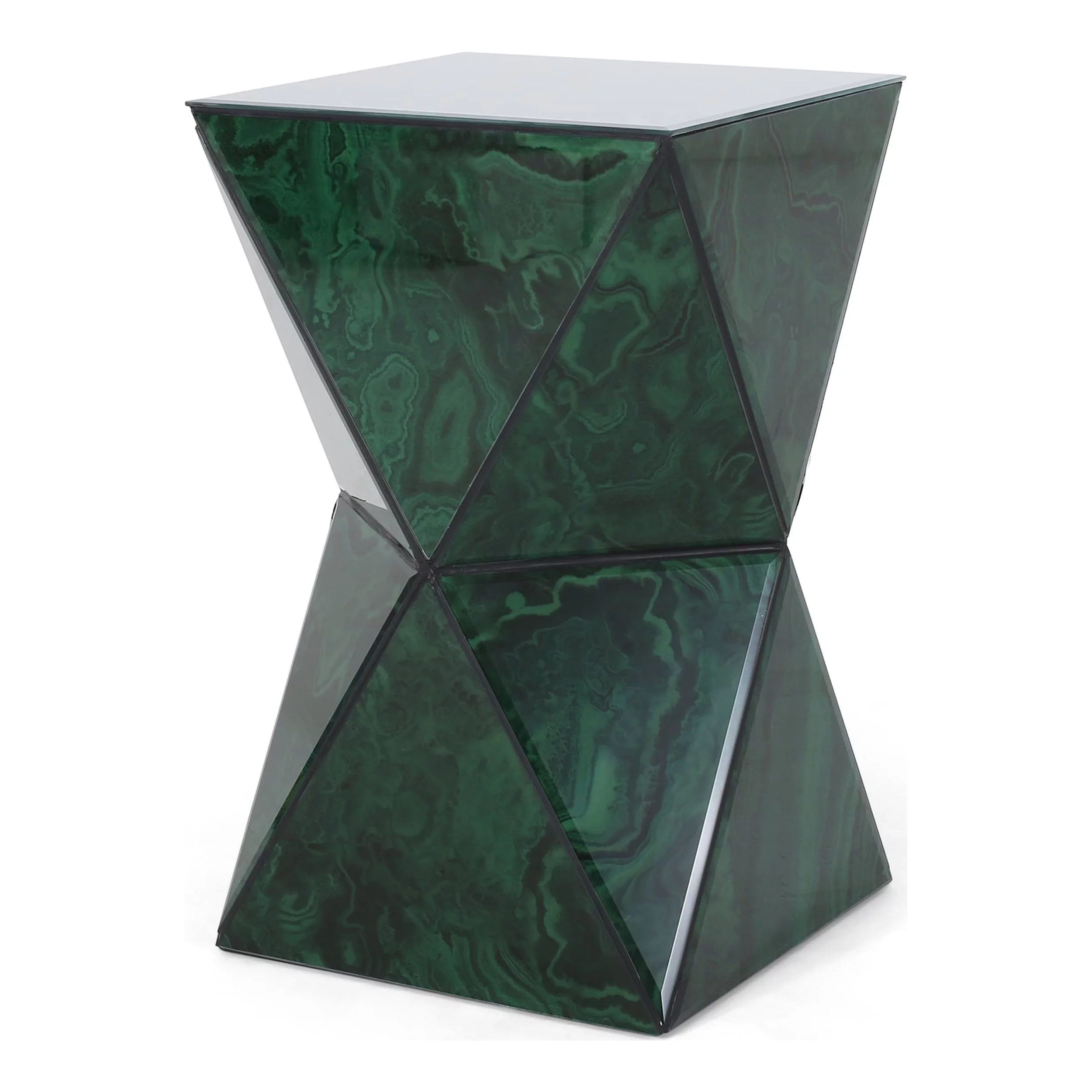 GDF Studio Aedon Tempered Glass Hourglass Side Table, Malachite Finish