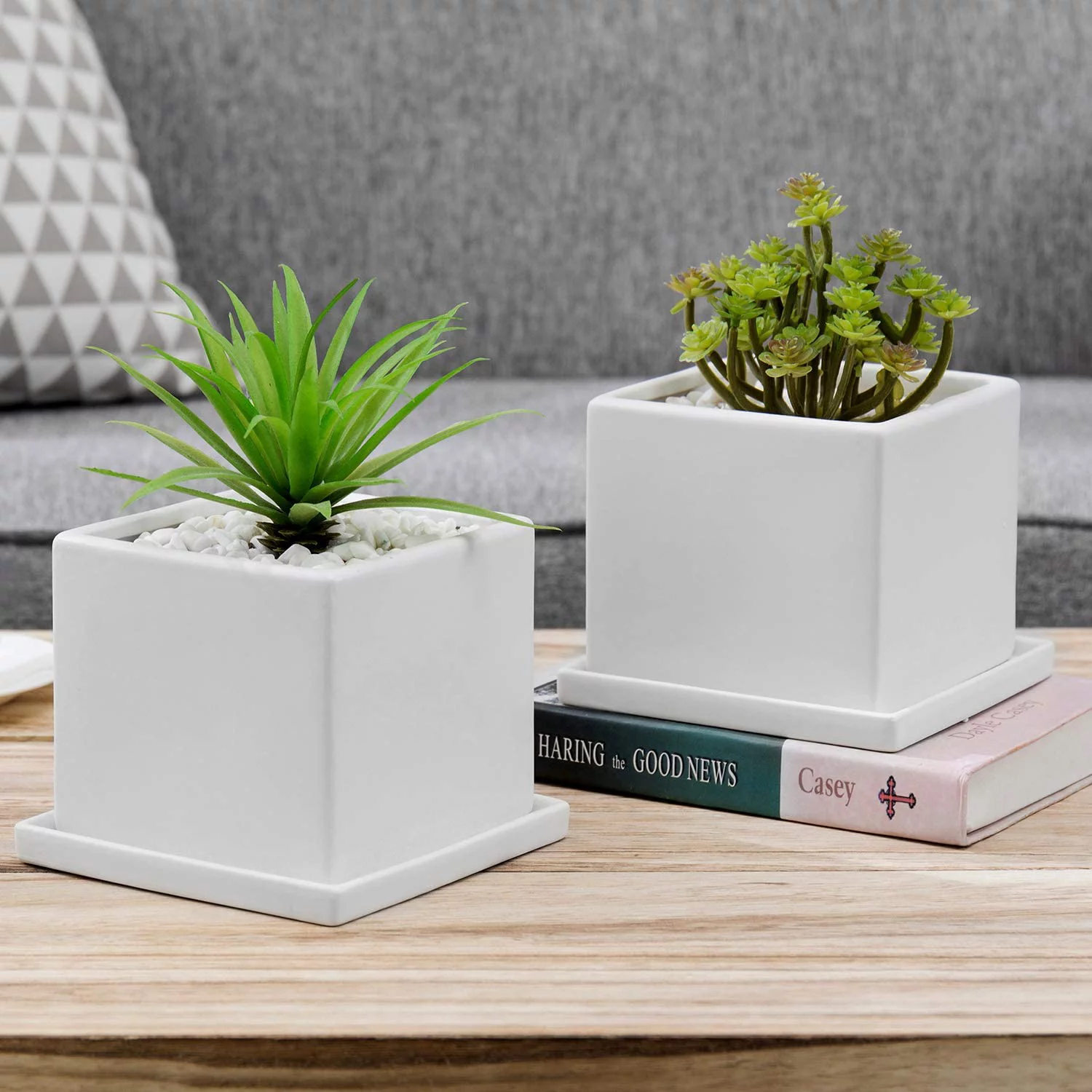 MyGift Decorative Square Flower Succulent Planter, 2 Piece White Ceramic Pot