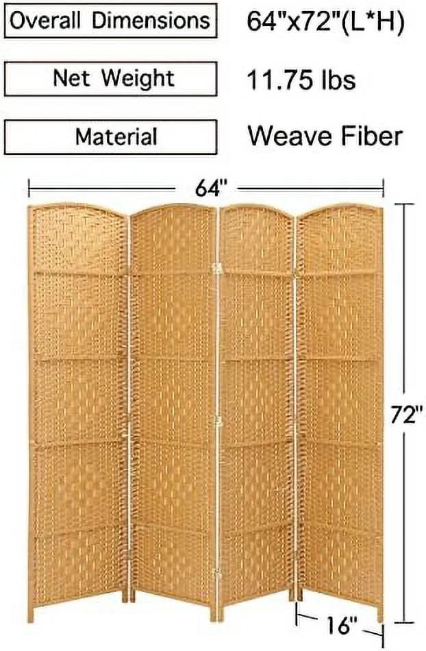 SJOLKMN RHF 6 Ft. Tall Extra Wide- Weave Fiber Room Divider  8 Panel Room Divider/Screen Room Dividers and Folding Privacy Screens 8 Panel&Room Dividers and Folding Privacy Screens-Na